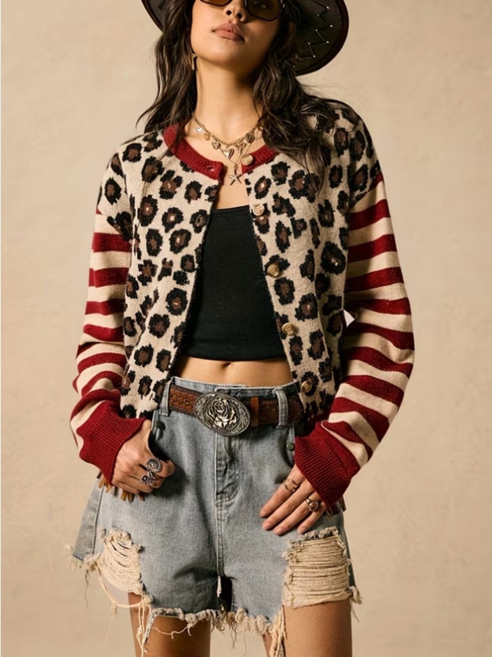 SALE, TIDAY ONLY! PRICE FIRM! Leopard Print Cardigan Stripe Sleeve Button Front - Picture 2 of 10